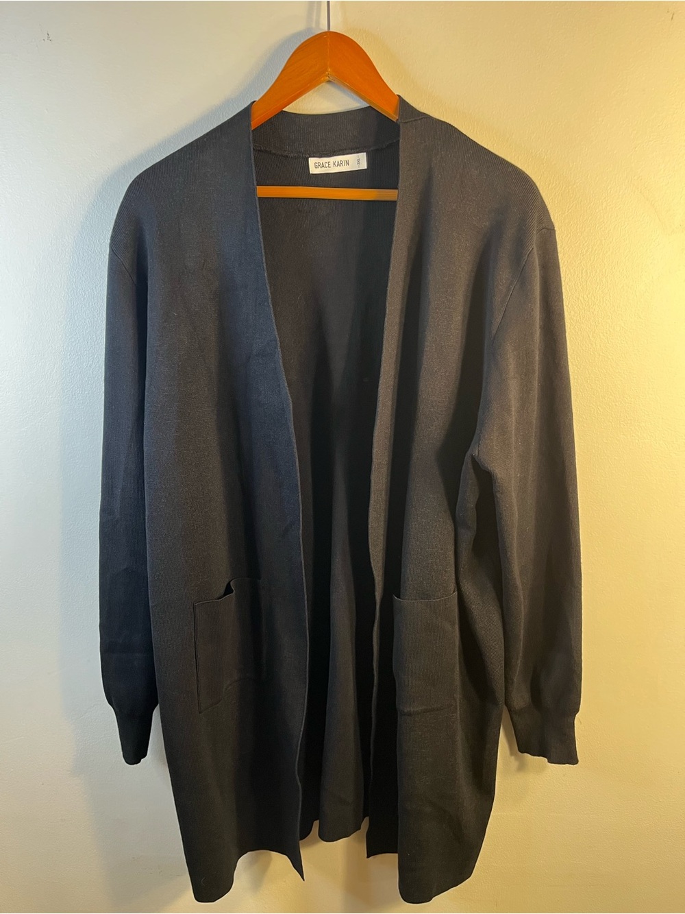 Black Open Cardigan Long Knitted Sweater with Pockets 3X